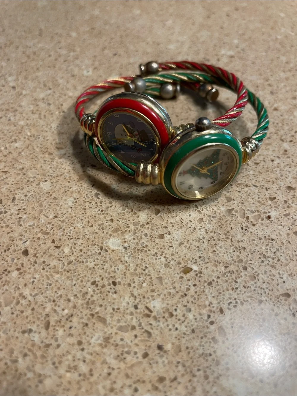 Holiday Bracelet Watches — Green Christmas Tree & Red Snowman Dials